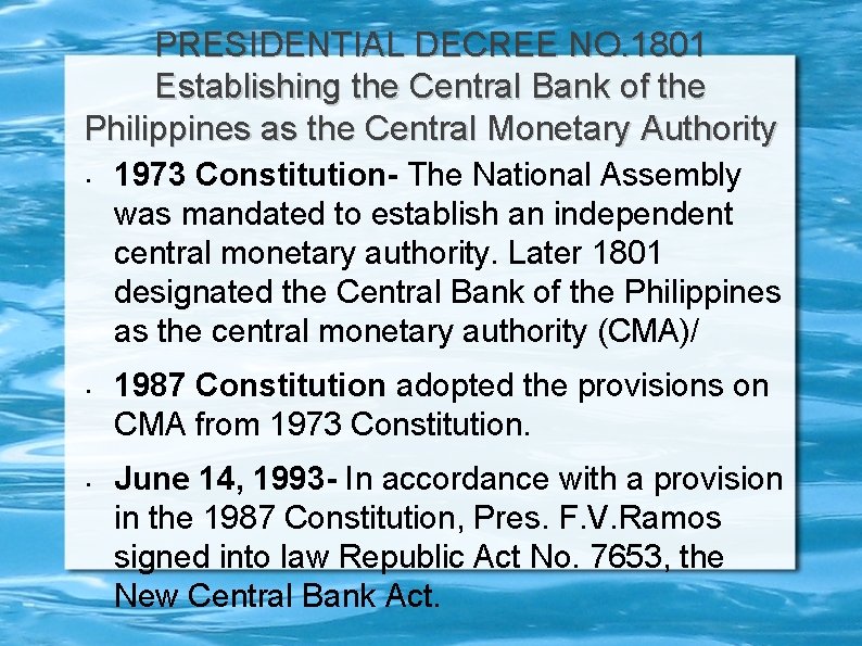 PRESIDENTIAL DECREE NO. 1801 Establishing the Central Bank of the Philippines as the Central