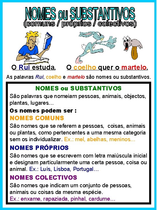 O Rui estuda. O coelho quer o martelo. As palavras Rui, coelho e martelo