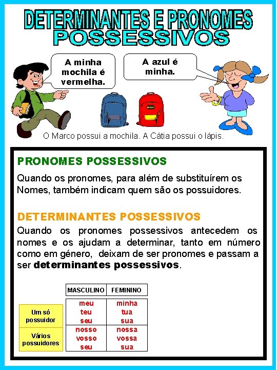 A azul é minha. A minha mochila é vermelha. O Marco possui a mochila.