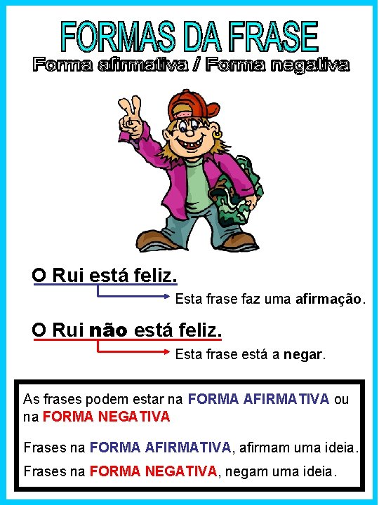 O Rui está feliz. Esta frase faz uma afirmação. O Rui não está feliz.