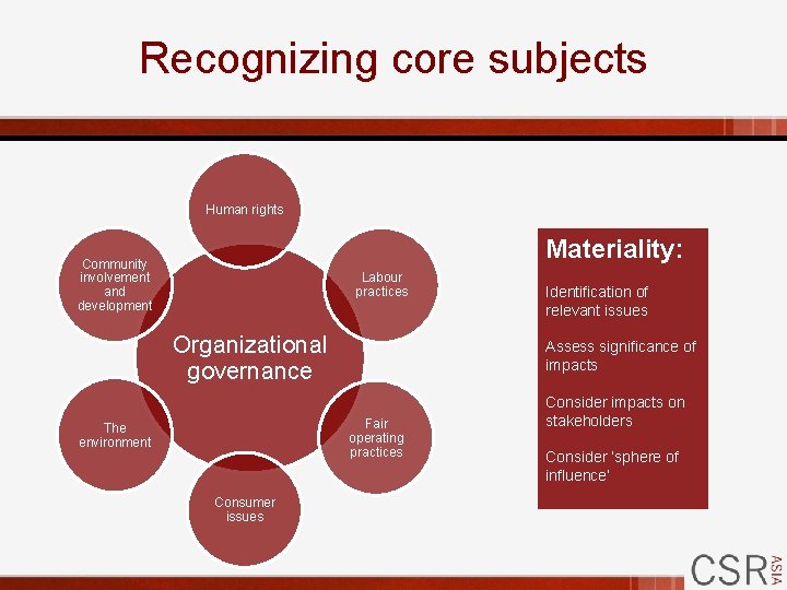 Recognizing core subjects Human rights Materiality: Community involvement and development Labour practices Organizational governance