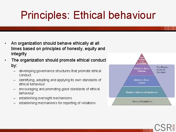 Principles: Ethical behaviour • • An organization should behave ethically at all times based