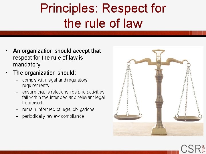 Principles: Respect for the rule of law • An organization should accept that respect