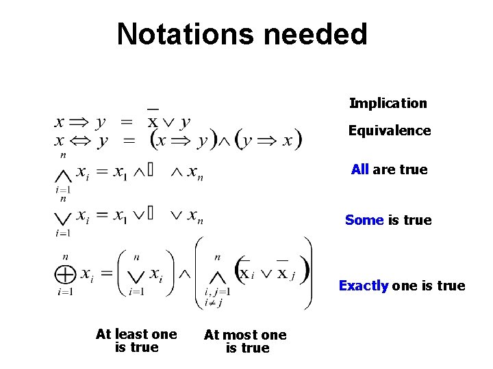 Notations needed Implication Equivalence All are true Some is true Exactly one is true Notations needed Implication Equivalence All are true Some is true Exactly one is true