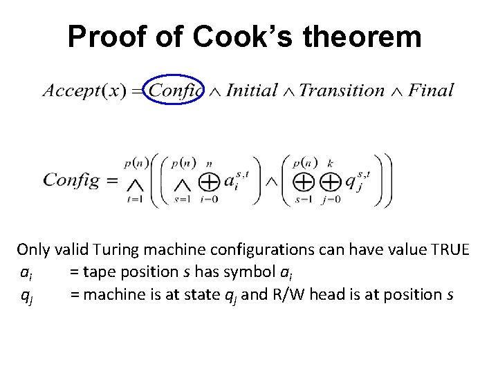 Proof of Cook’s theorem Only valid Turing machine configurations can have value TRUE ai Proof of Cook’s theorem Only valid Turing machine configurations can have value TRUE ai