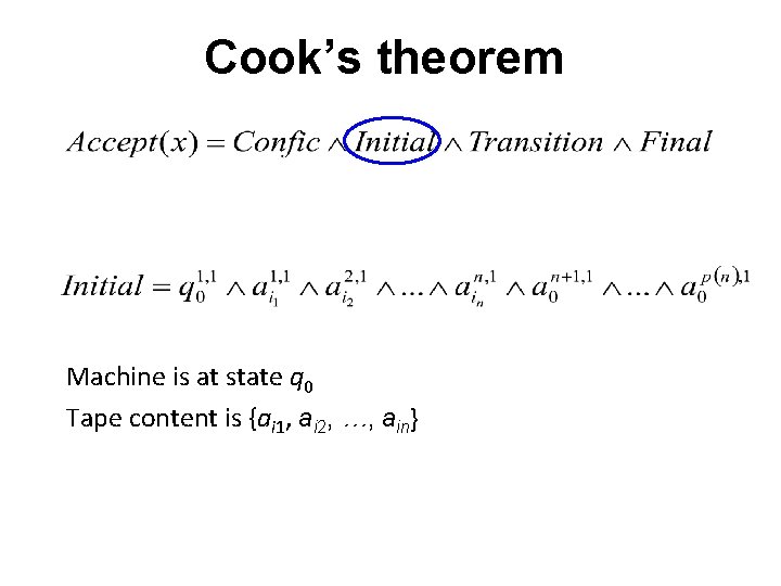 Cook’s theorem Machine is at state q 0 Tape content is {ai 1, ai Cook’s theorem Machine is at state q 0 Tape content is {ai 1, ai