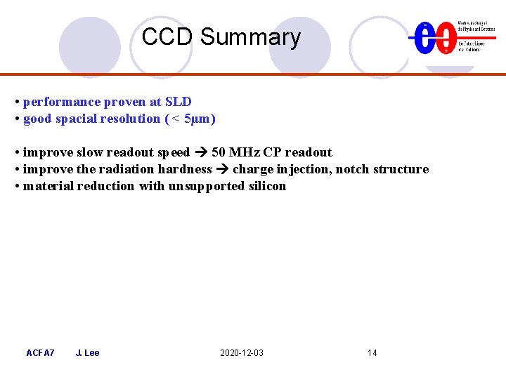 CCD Summary • performance proven at SLD • good spacial resolution ( < 5µm) CCD Summary • performance proven at SLD • good spacial resolution ( < 5µm)