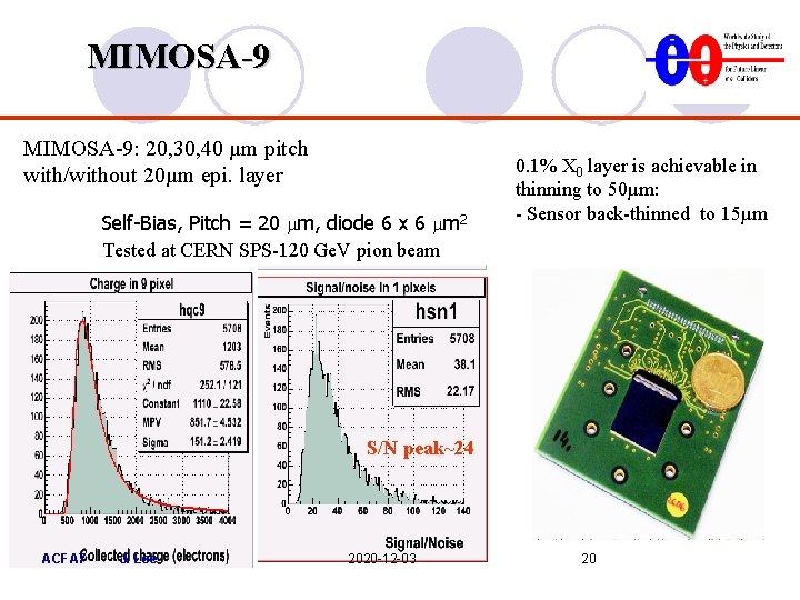 MIMOSA-9: 20, 30, 40 µm pitch with/without 20µm epi. layer Self-Bias, Pitch = 20 MIMOSA-9: 20, 30, 40 µm pitch with/without 20µm epi. layer Self-Bias, Pitch = 20