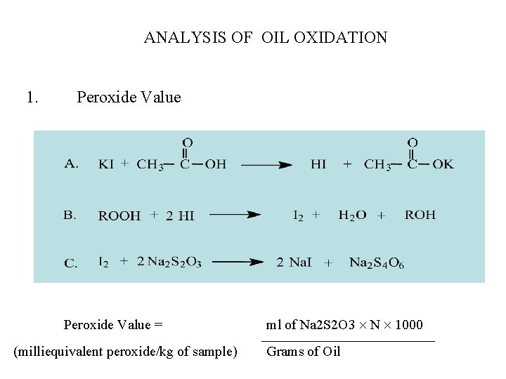 ANALYSIS OF OIL OXIDATION 1. Peroxide Value = (milliequivalent peroxide/kg of sample) ml of