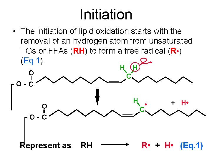 Initiation • The initiation of lipid oxidation starts with the removal of an hydrogen