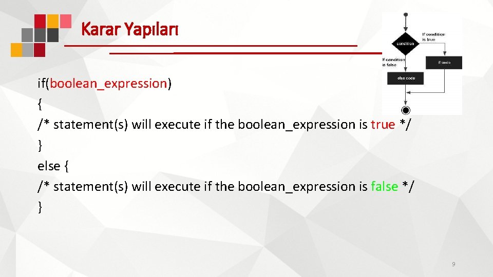 Karar Yapıları if(boolean_expression) { /* statement(s) will execute if the boolean_expression is true */ Karar Yapıları if(boolean_expression) { /* statement(s) will execute if the boolean_expression is true */