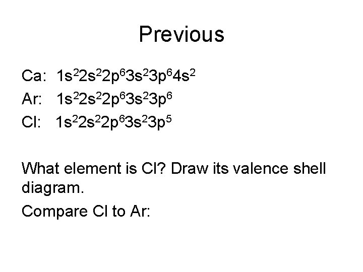 Previous Ca: 1 s 22 p 63 s 23 p 64 s 2 Ar: