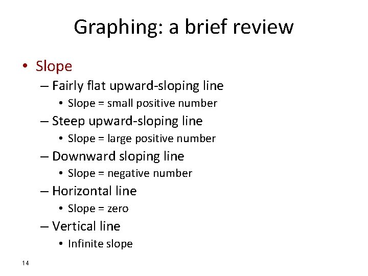 Graphing: a brief review • Slope – Fairly flat upward-sloping line • Slope =