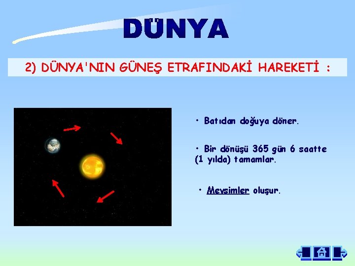 2) DÜNYA'NIN GÜNEŞ ETRAFINDAKİ HAREKETİ : • Batıdan doğuya döner. • Bir dönüşü 365