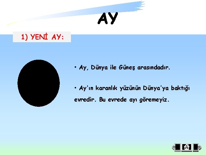 1) YENİ AY: • Ay, Dünya ile Güneş arasındadır. • Ay'ın karanlık yüzünün Dünya'ya