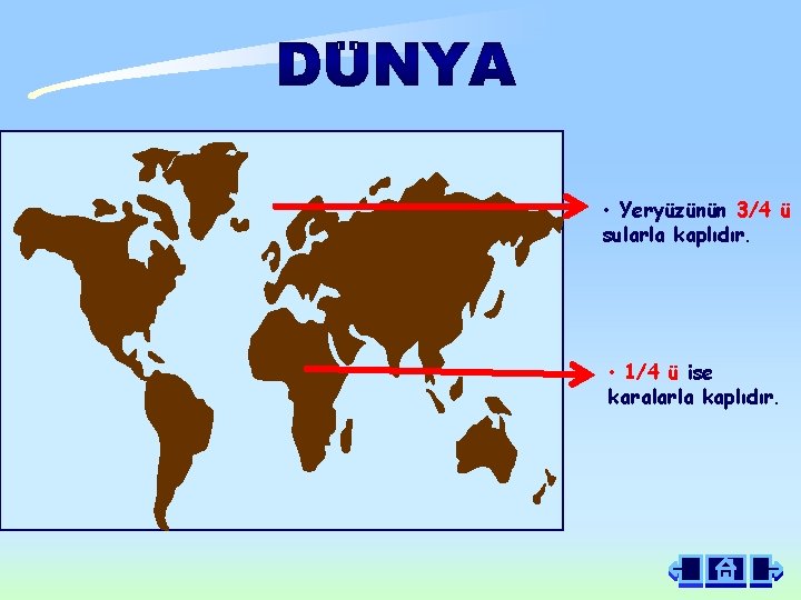  • Yeryüzünün 3/4 ü sularla kaplıdır. • 1/4 ü ise karalarla kaplıdır. 