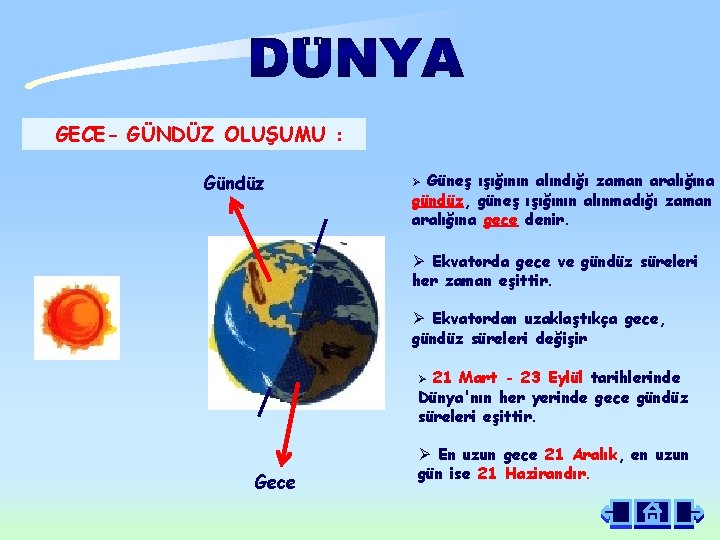 GECE- GÜNDÜZ OLUŞUMU : Gündüz Güneş ışığının alındığı zaman aralığına gündüz, güneş ışığının alınmadığı