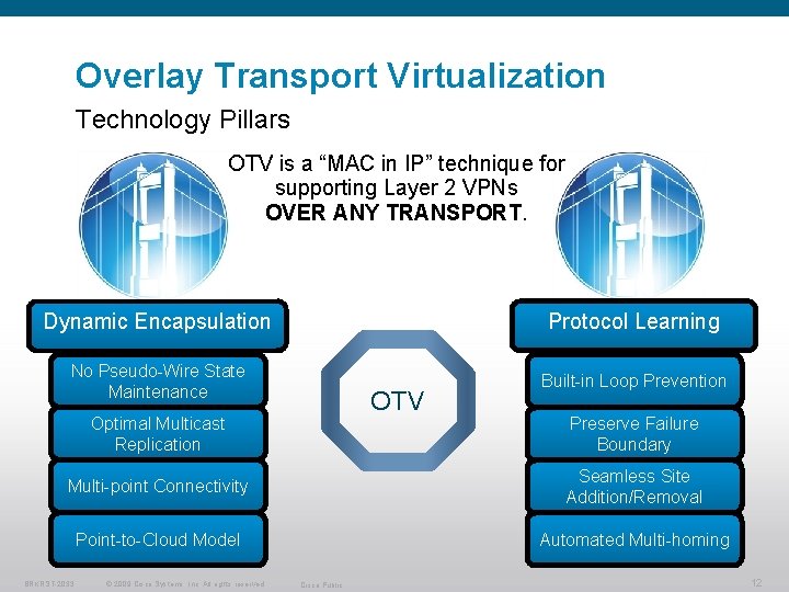 Overlay Transport Virtualization Technology Pillars OTV is a “MAC in IP” technique for supporting