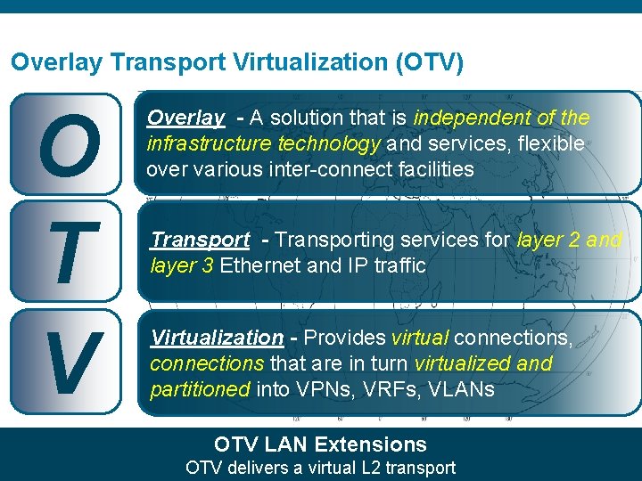 Overlay Transport Virtualization (OTV) O T V Overlay - A solution that is independent