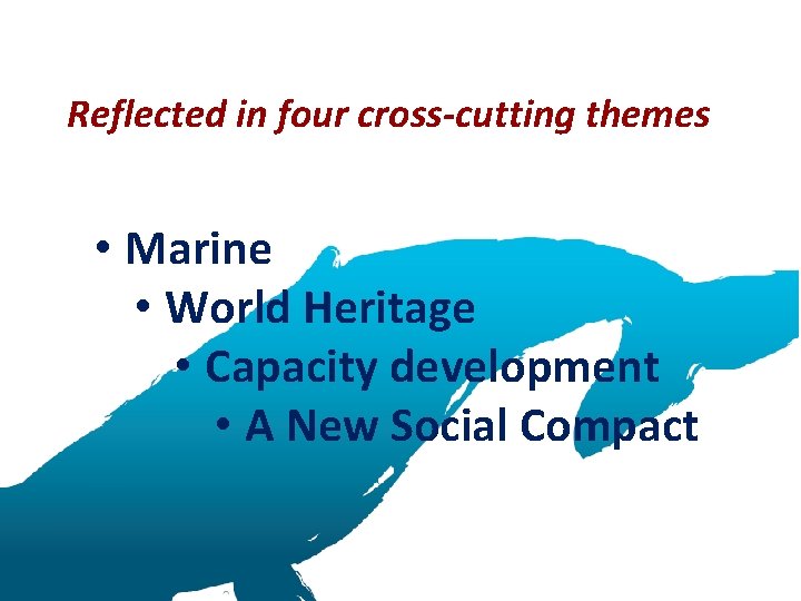 Reflected in four cross-cutting themes • Marine • World Heritage • Capacity development • Reflected in four cross-cutting themes • Marine • World Heritage • Capacity development •