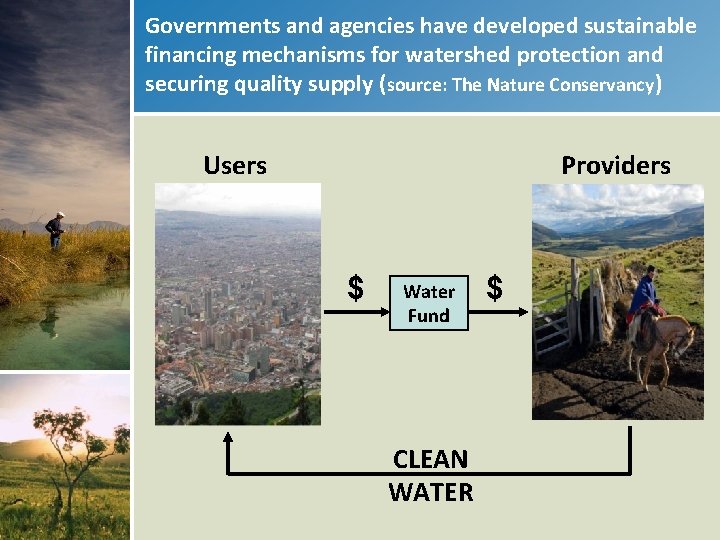 Governments and agencies have developed sustainable financing mechanisms for watershed protection and securing quality Governments and agencies have developed sustainable financing mechanisms for watershed protection and securing quality