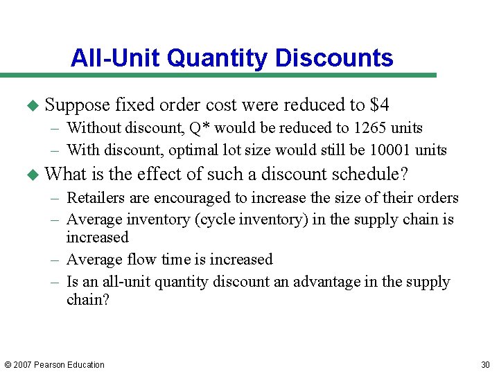 All-Unit Quantity Discounts u Suppose fixed order cost were reduced to $4 – Without All-Unit Quantity Discounts u Suppose fixed order cost were reduced to $4 – Without