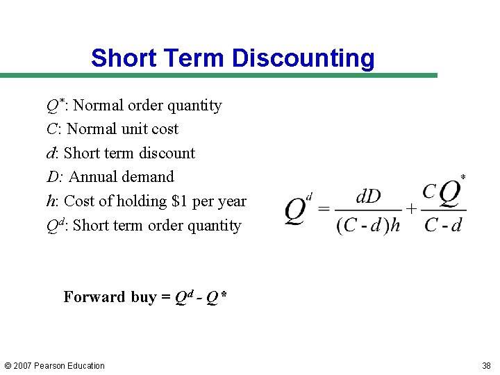 Short Term Discounting Q*: Normal order quantity C: Normal unit cost d: Short term Short Term Discounting Q*: Normal order quantity C: Normal unit cost d: Short term