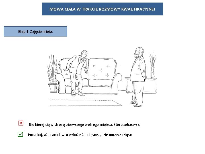 MOWA CIAŁA W TRAKCIE ROZMOWY KWALIFIKACYJNEJ Etap 4. Zajęcie miejsc Nie kieruj się w