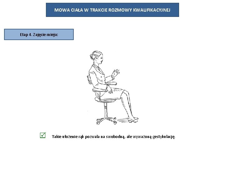 MOWA CIAŁA W TRAKCIE ROZMOWY KWALIFIKACYJNEJ Etap 4. Zajęcie miejsc Takie ułożenie rąk pozwala