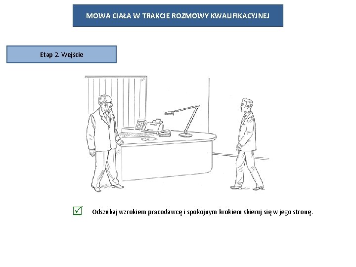 MOWA CIAŁA W TRAKCIE ROZMOWY KWALIFIKACYJNEJ Etap 2. Wejście Odszukaj wzrokiem pracodawcę i spokojnym