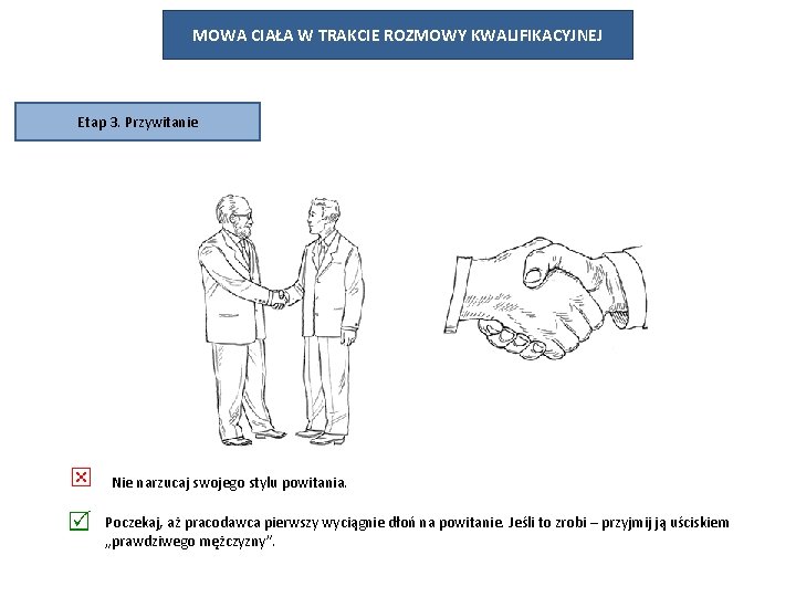 MOWA CIAŁA W TRAKCIE ROZMOWY KWALIFIKACYJNEJ Etap 3. Przywitanie Nie narzucaj swojego stylu powitania.