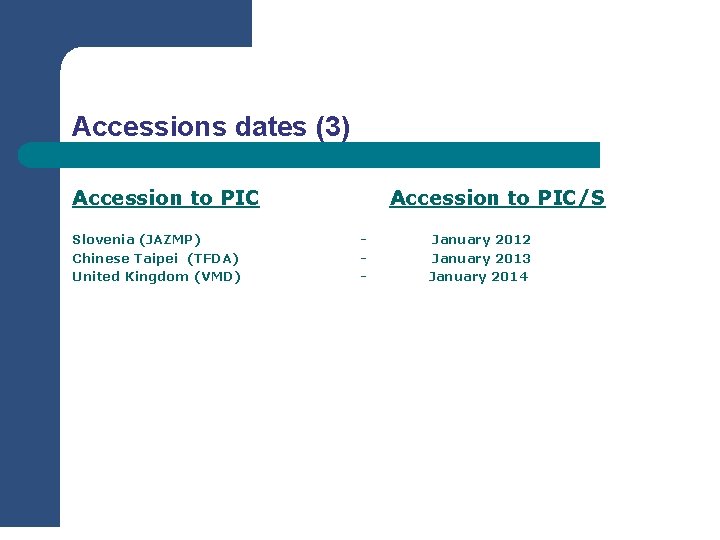 Accessions dates (3) Accession to PIC Slovenia (JAZMP) Chinese Taipei (TFDA) United Kingdom (VMD)
