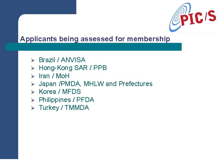 Applicants being assessed for membership Ø Ø Ø Ø Brazil / ANVISA Hong-Kong SAR