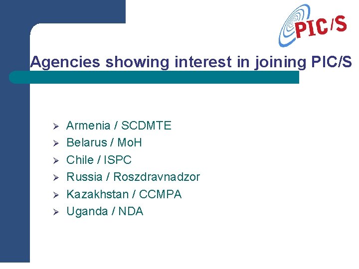 Agencies showing interest in joining PIC/S Ø Ø Ø Armenia / SCDMTE Belarus /