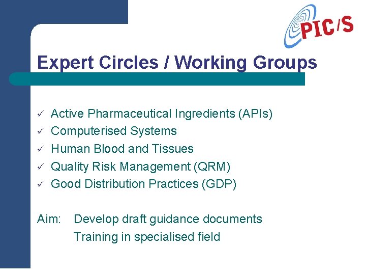 Expert Circles / Working Groups ü ü ü Active Pharmaceutical Ingredients (APIs) Computerised Systems