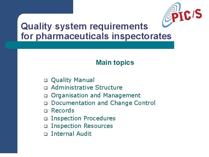 Quality system requirements for pharmaceuticals inspectorates Main topics q q q q Quality Manual