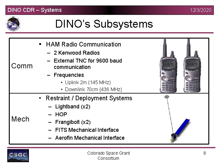 DINO CDR – Systems 12/3/2020 DINO’s Subsystems • HAM Radio Communication Comm – 2