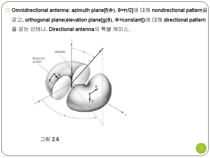 � Omnidirectional antenna: azimuth plane[f(Φ), θ=π/2]에 대해 nondirectional pattern을 갖고, orthogonal plane(elevation plane[g(θ), Φ=constant])에