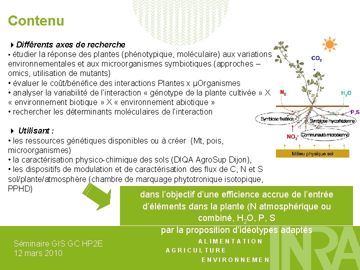 Contenu Différents axes de recherche • étudier la réponse des plantes (phénotypique, moléculaire) aux