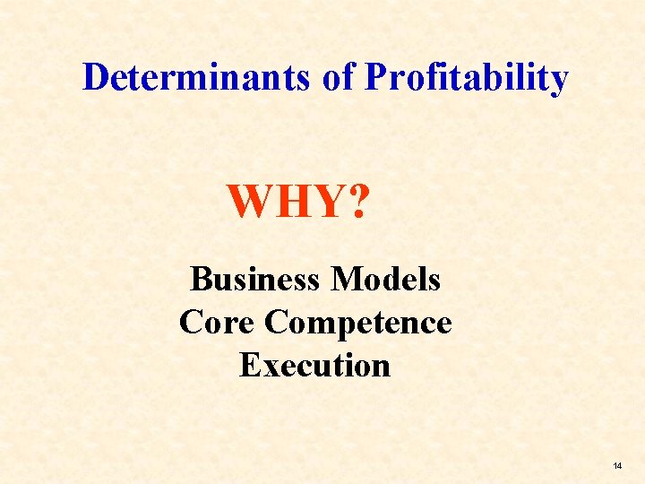 Determinants of Profitability WHY? Business Models Core Competence Execution 14 