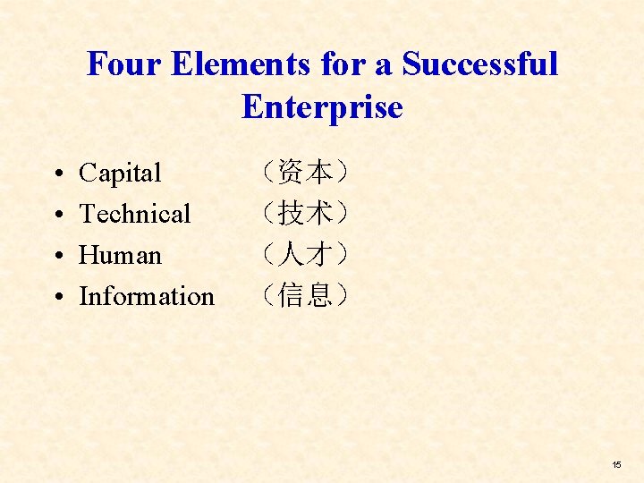 Four Elements for a Successful Enterprise • • Capital Technical Human Information （资本） （技术）