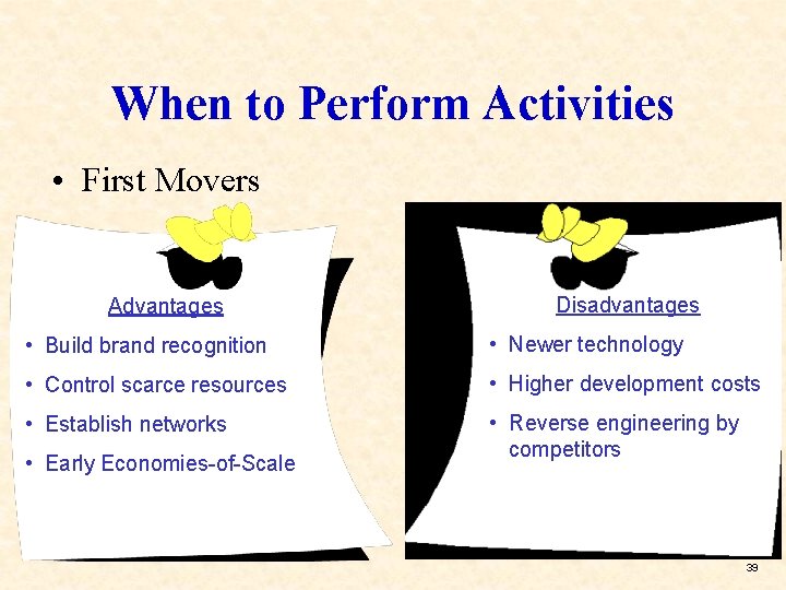 When to Perform Activities • First Movers Advantages Disadvantages • Build brand recognition •