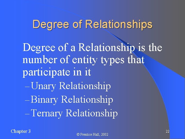 Degree of Relationships l. Degree of a Relationship is the number of entity types