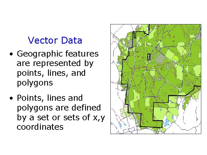 Vector Data • Geographic features are represented by points, lines, and polygons • Points, Vector Data • Geographic features are represented by points, lines, and polygons • Points,