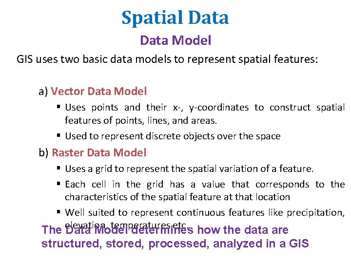 Spatial Data Model GIS uses two basic data models to represent spatial features: a) Spatial Data Model GIS uses two basic data models to represent spatial features: a)