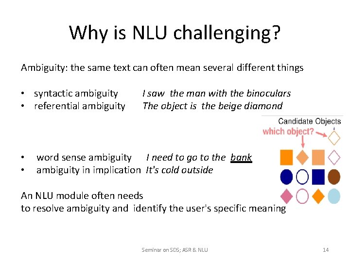 Why is NLU challenging? Ambiguity: the same text can often mean several different things