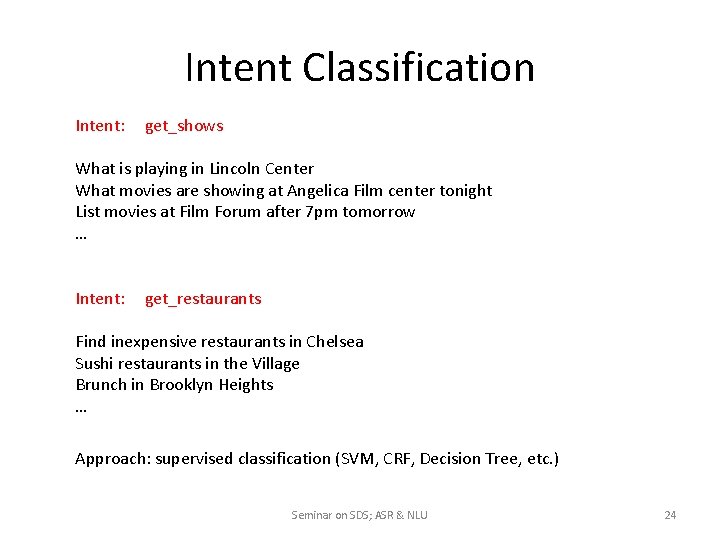 Intent Classification Intent: get_shows What is playing in Lincoln Center What movies are showing