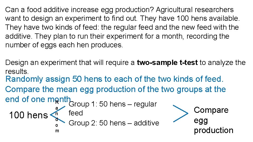 Can a food additive increase egg production? Agricultural researchers want to design an experiment