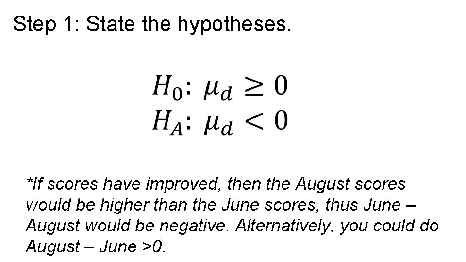 Step 1: State the hypotheses. *If scores have improved, then the August scores would