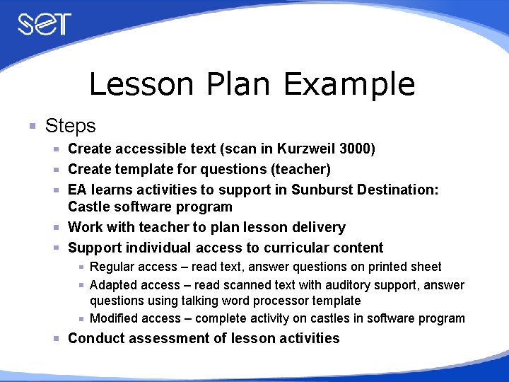 Lesson Plan Example Steps Create accessible text (scan in Kurzweil 3000) Create template for